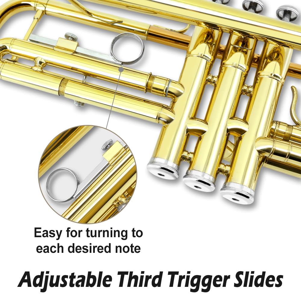 Yinfente Bb Standard Trumpet Set for Beginner or Advance Student, Brass Student Trumpet Instrument With Hard Case, 7C Mouthpiece, Cleaning Kit,White Gloves Glod