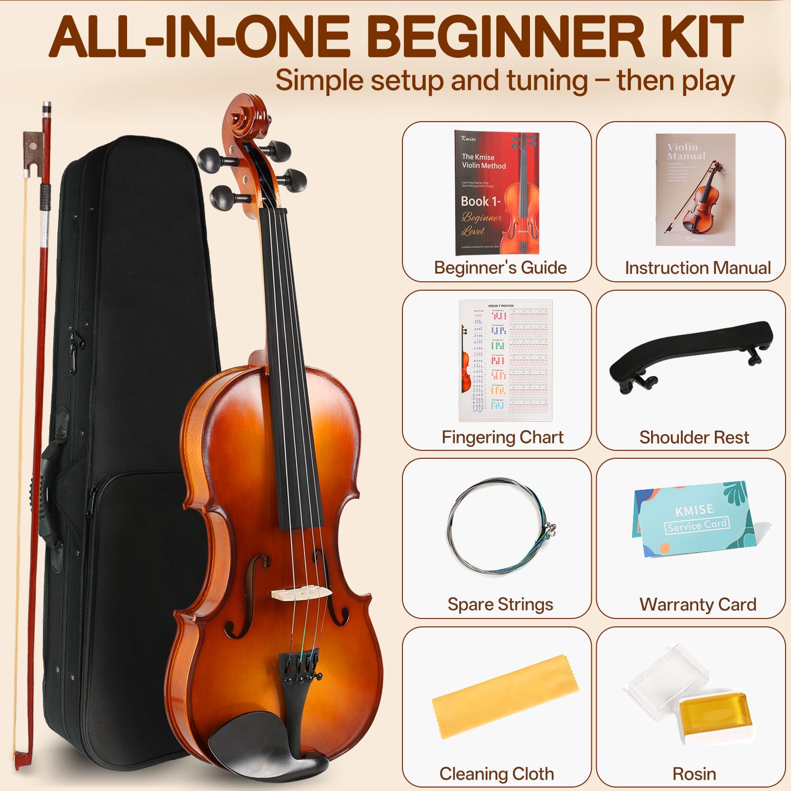 Kmise Teacher Approved 4/4 Full Size Violin Starter Kit for Adults Beginners Students, High Density Ebony Acoustic Violins, Fiddle Bundle with Case, Bow, Rosin, Strings, Shoulder Rest & Guide