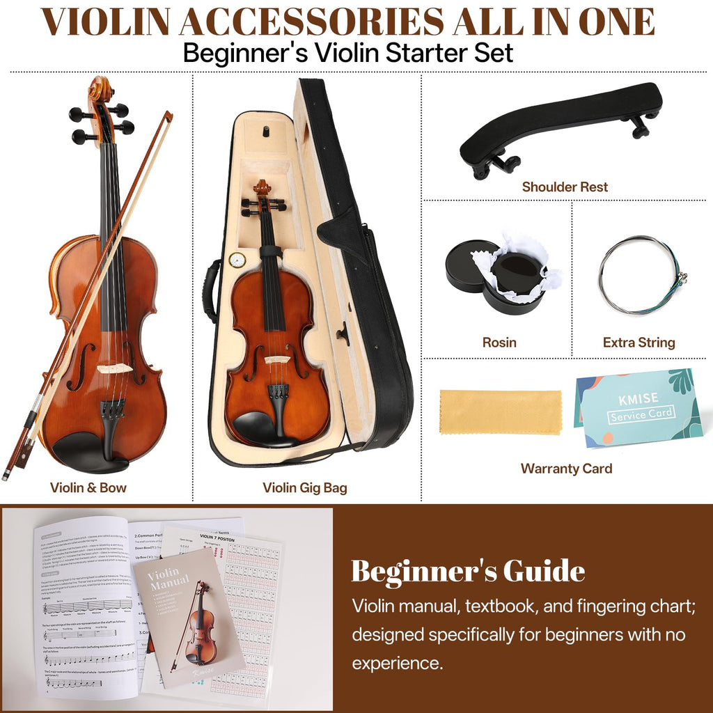 Kmise Violin 4/4 Full Set, Fingerboard Fret Markings Violins, Matte Acoustic Fiddle for Adults, Beginners, Students with Violin Case, Rosin, Strings, Bow, Shoulder Rest, Beginner's Guide (Matte, 4/4)