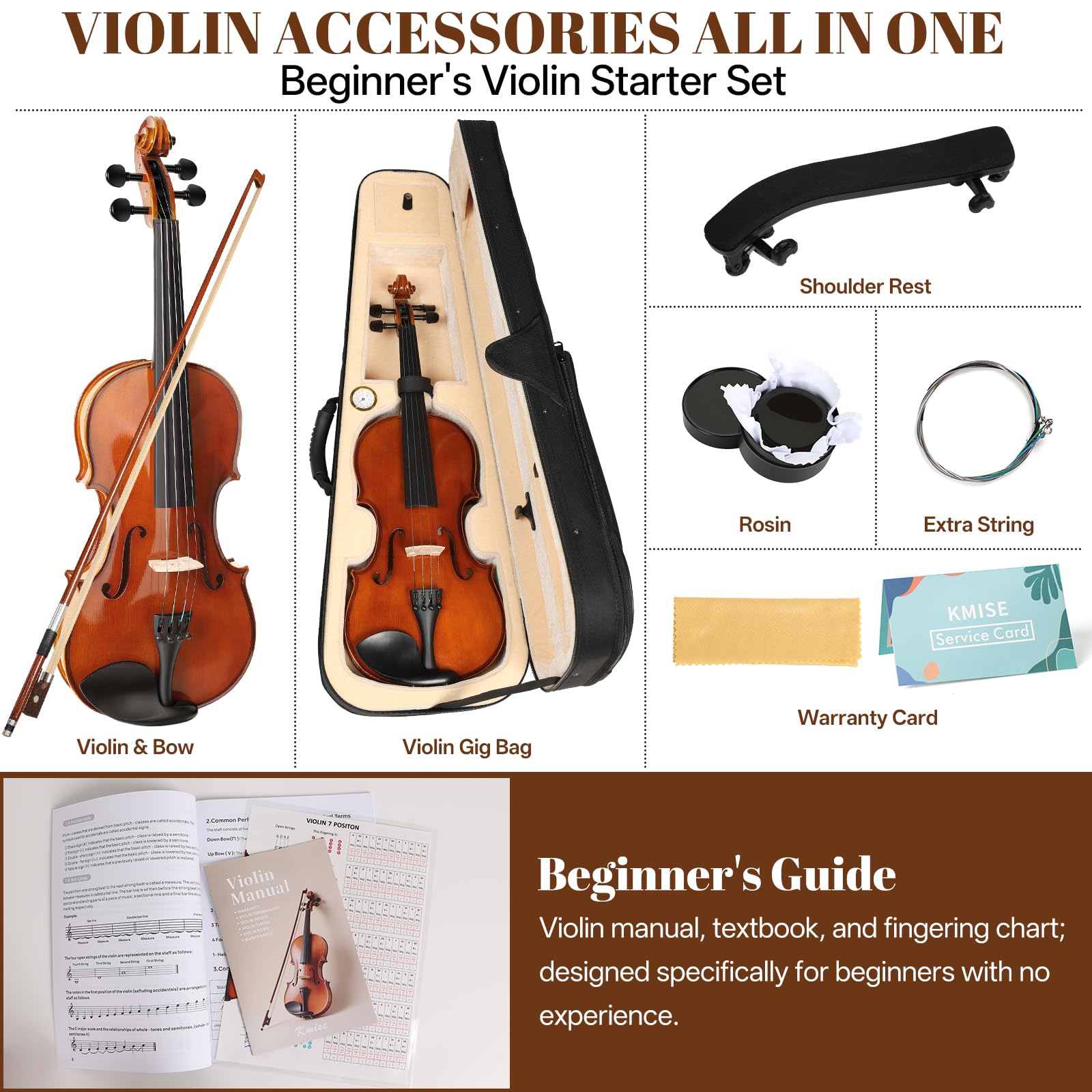 Kmise Violin 4/4 Full Set, Fingerboard Fret Markings Violins, Matte Acoustic Fiddle for Adults, Beginners, Students with Violin Case, Rosin, Strings, Bow, Shoulder Rest, Beginner's Guide (Matte, 4/4)