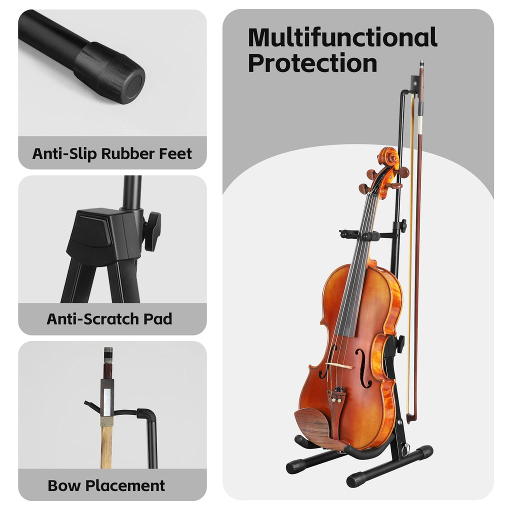 New Upgraded Anti-Tipping Design in Violin Stand with Bow Holder. Adjustable height, non-slip base, and protective head lock. Foldable and portable design for violins, violas, mandolins, and ukuleles.Gray Lockable