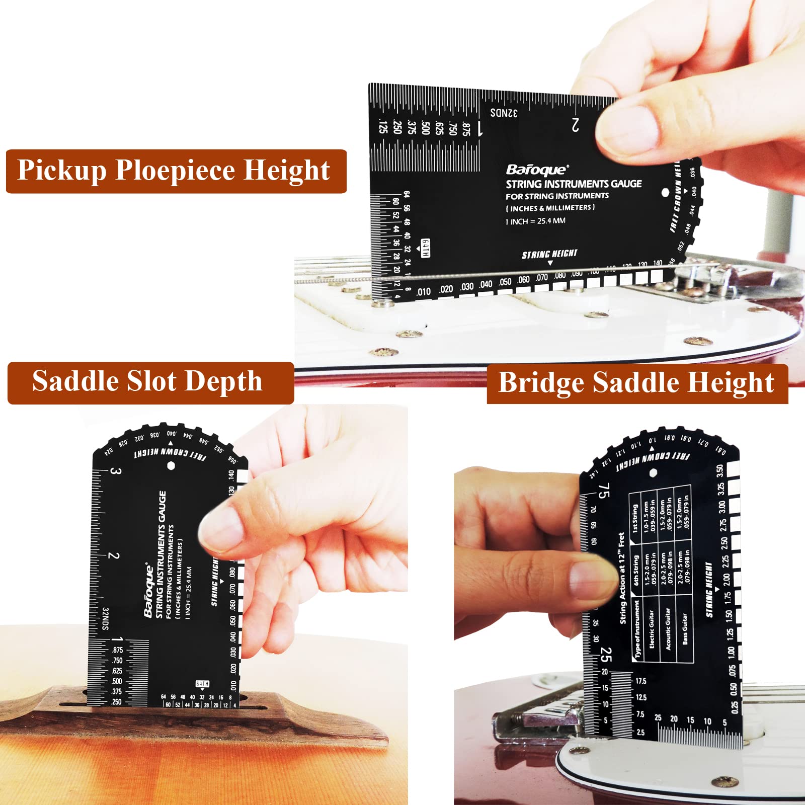 Baroque String Action Gauge Precision Guitar Ruler Multifunctional Guitar Setup Kits Tool Leather Case Polished Edge, Black
