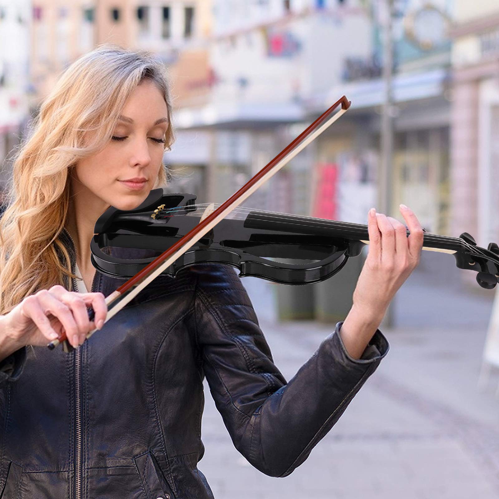 Vangoa Electric Violin Full Size 4/4, Black Silent Electric Violin, Solid Wood Metallic Electric Fiddle with Ebony Fittings, Beginner Kit for Adults Teens