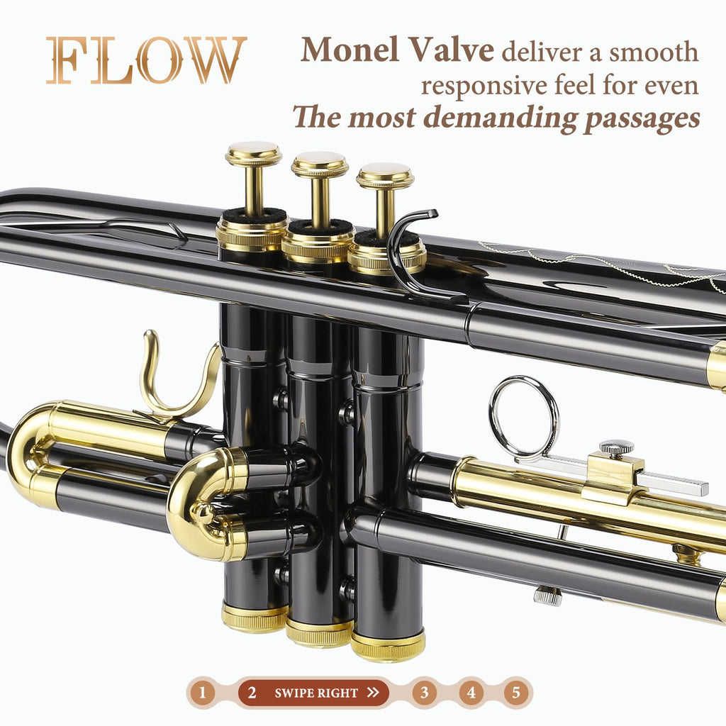 ALLSET Bb Standard Trumpet for Beginners | Student Band, Orchestra, Pro Level Performance | Professional Brass Trumpet Kit with Hard Case, 7C Mouthpiece& Cleaning Kit | Gold