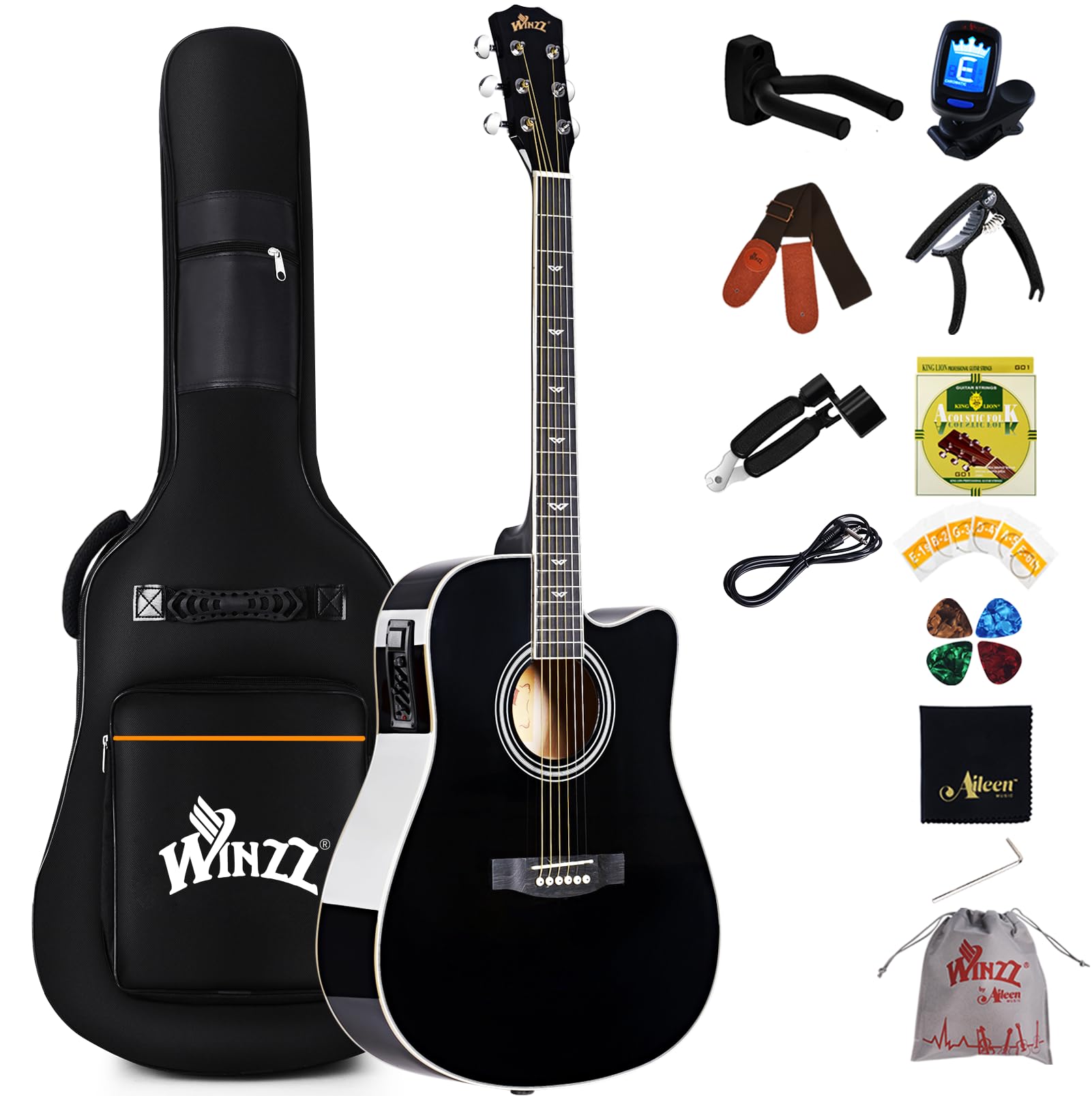 Winzz 4/4 Electro Acoustic Guitar, Left-Handed Western Guitar Set, Adult Beginners, Acoustic Guitar 41 Inch with 4-Band Equaliser (Dreadnought,Glossy Sunburst)
