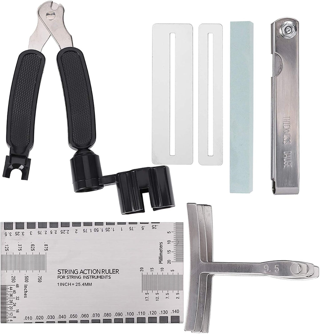 Guitar Tool Set, Professional Guitar Accessories, Stainless Steel Radius Gauge and String Action Ruler with Fingerboard Guards, Includes Sander and Polishing Stone for Electric Gui