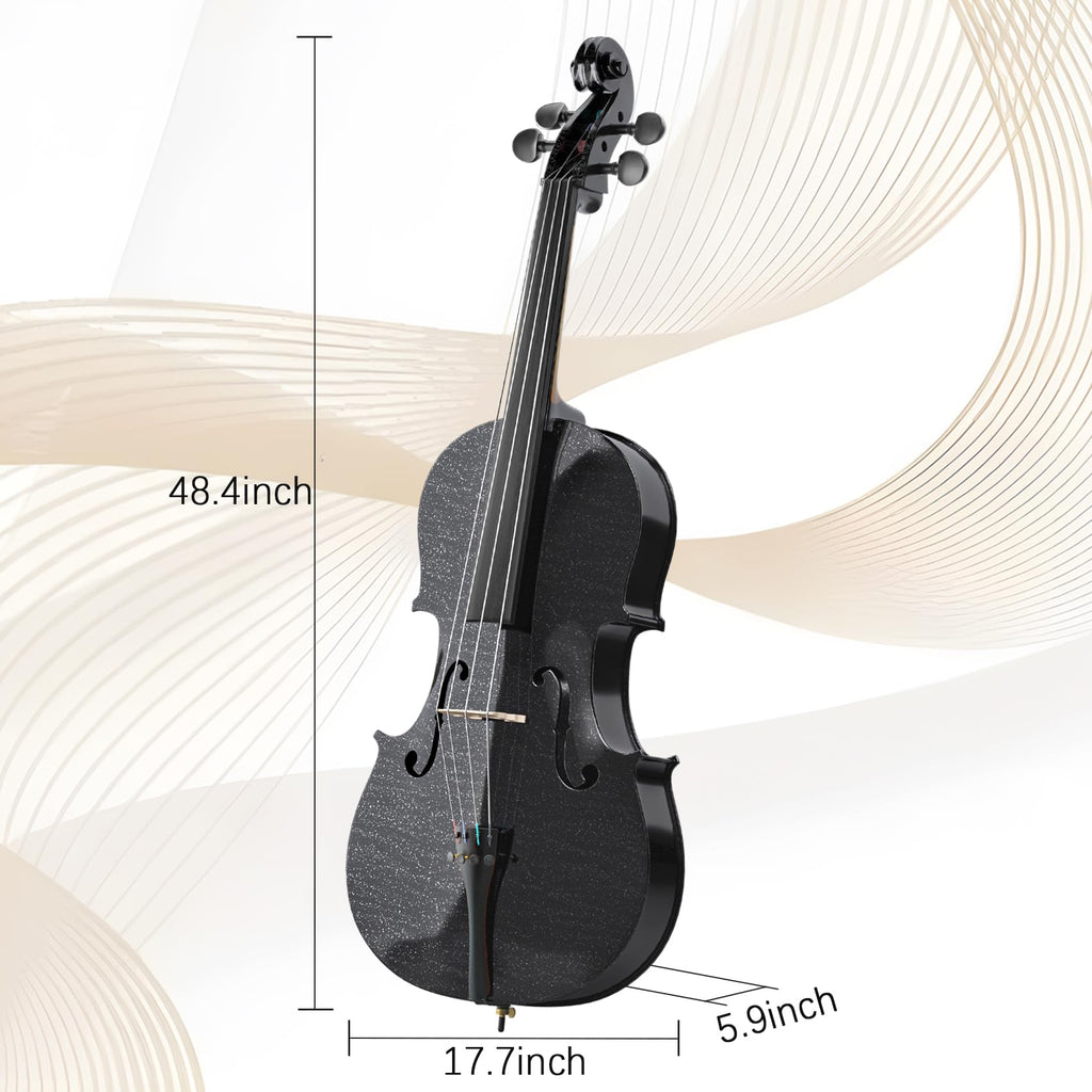 Cello 4/4 Kit, Full Size Cello for Adults, Students, Beginners, Complete Acoustic Cello Instrument Set with Portable Bag, Bow, Rosin, Black