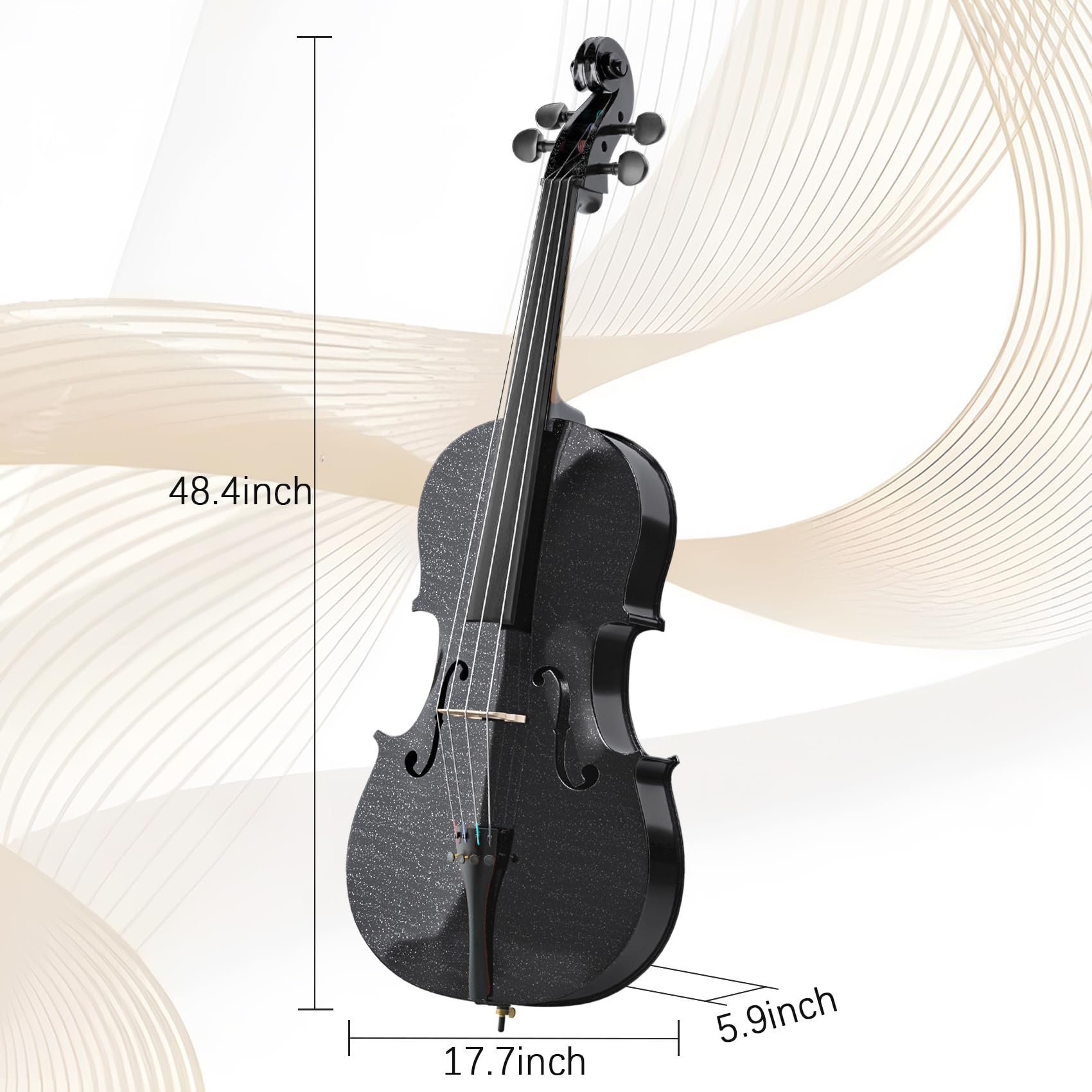 Cello 4/4 Kit, Full Size Cello for Adults, Students, Beginners, Complete Acoustic Cello Instrument Set with Portable Bag, Bow, Rosin, Black
