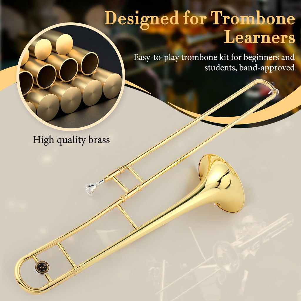 Ktaxon B Flat Tenor Trombone with Mouthpiece, Brass Slide Bb Trombones for Beginners, Portable Instrument Includes Cleaning Cloth, Gloves and Trombone Case (Golden)
