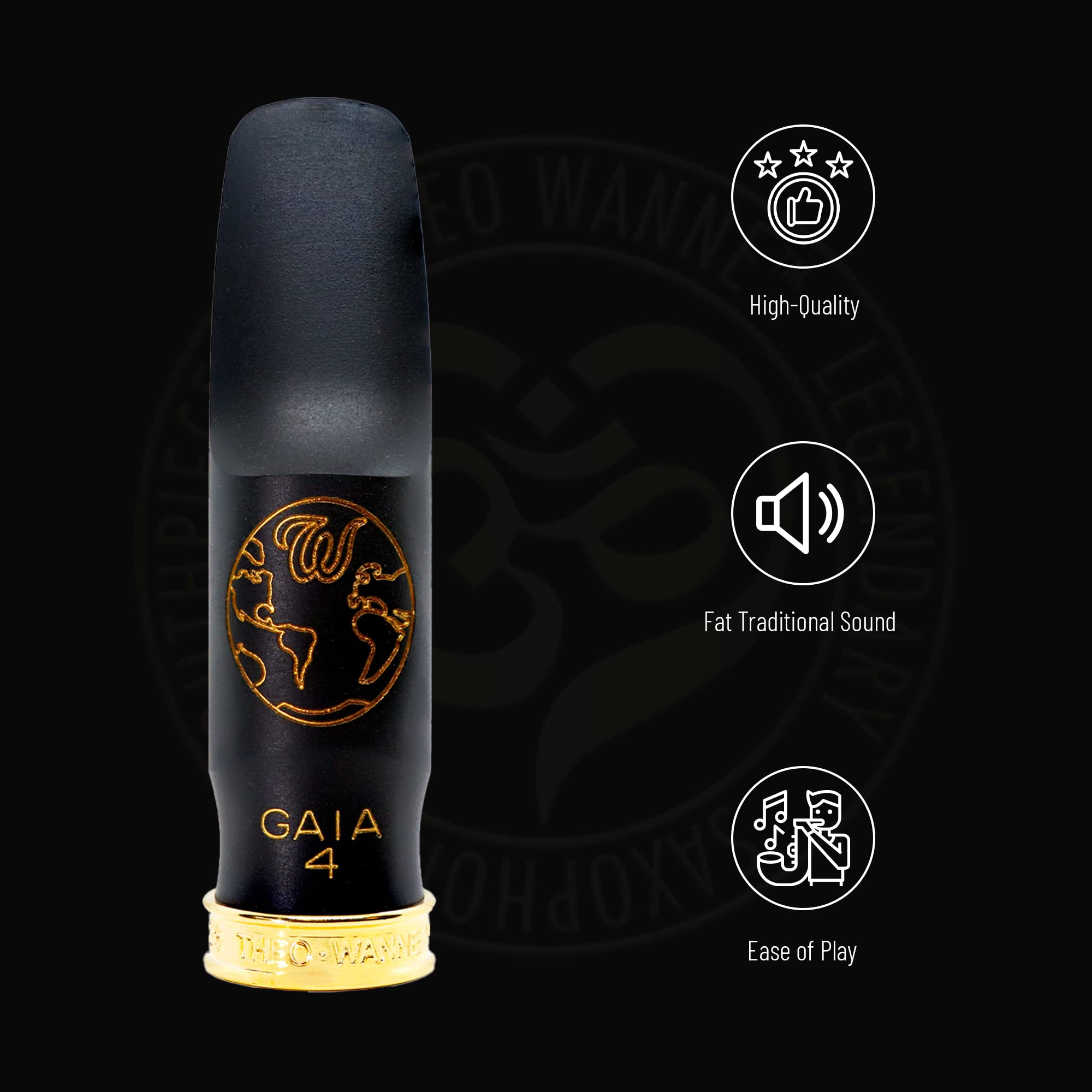 Theo Wanne Vintage Gaia 4 Alto Saxophone Mouthpiece - Roll-Over Shark Gill Baffle - Full, Rich and Fat Traditional Sound – Large Stadium Chamber - Includes Reed Replacer Cap