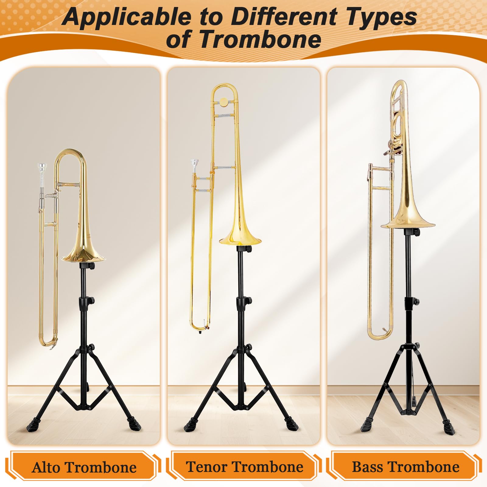 Ngdiluxury Trombone Stand, Adjustable Heavy Duty Matte Black Metal Trombone Holder with Foldable Tripod Base, Soft Rubber Bell Support & Anti-Slip Feet, Height Adjustable for All Trombone Sizes