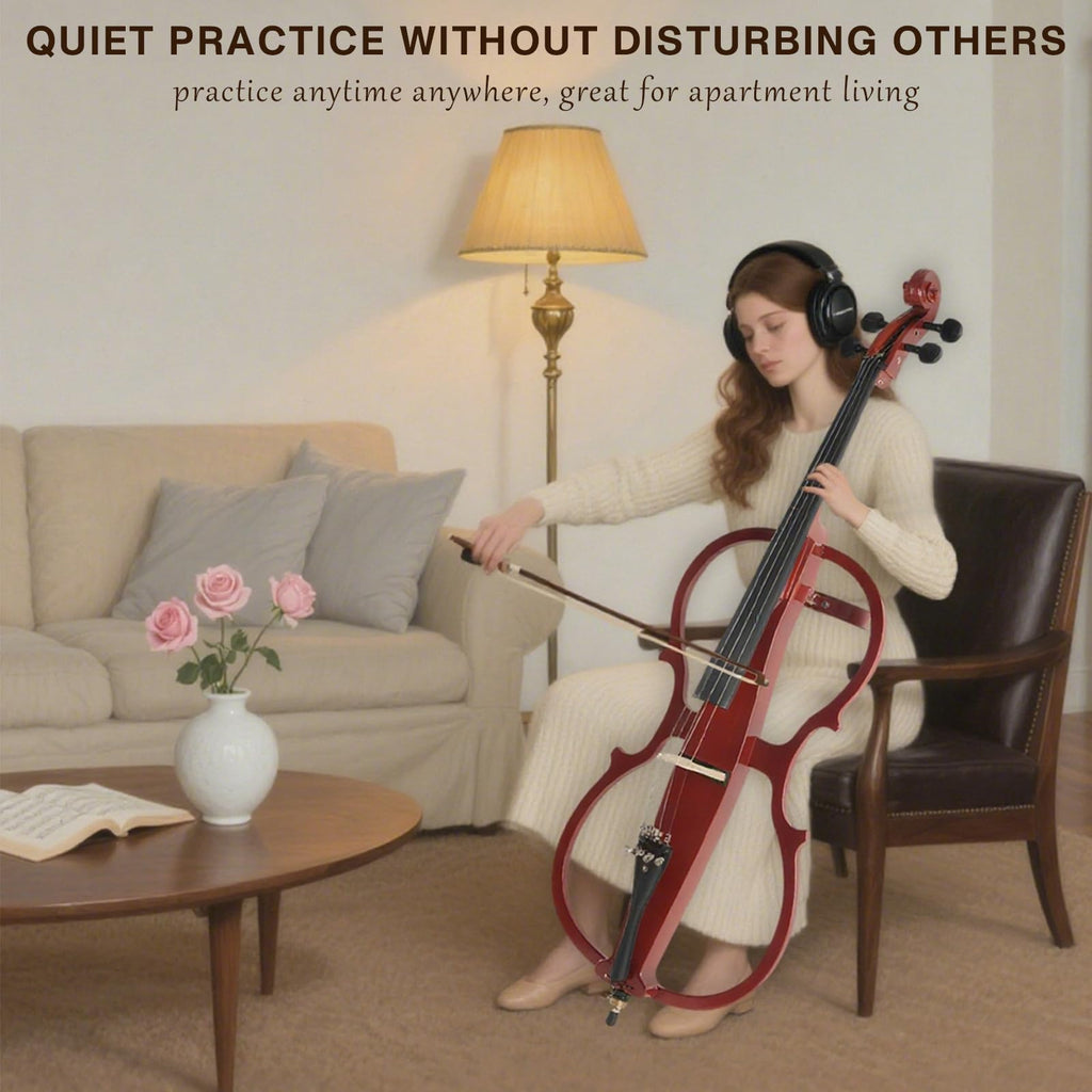 Electric Cello, Full Size Silent Practice Cello with Headphone Jack & Carry Bag, Professional Cello for Beginners/Adults