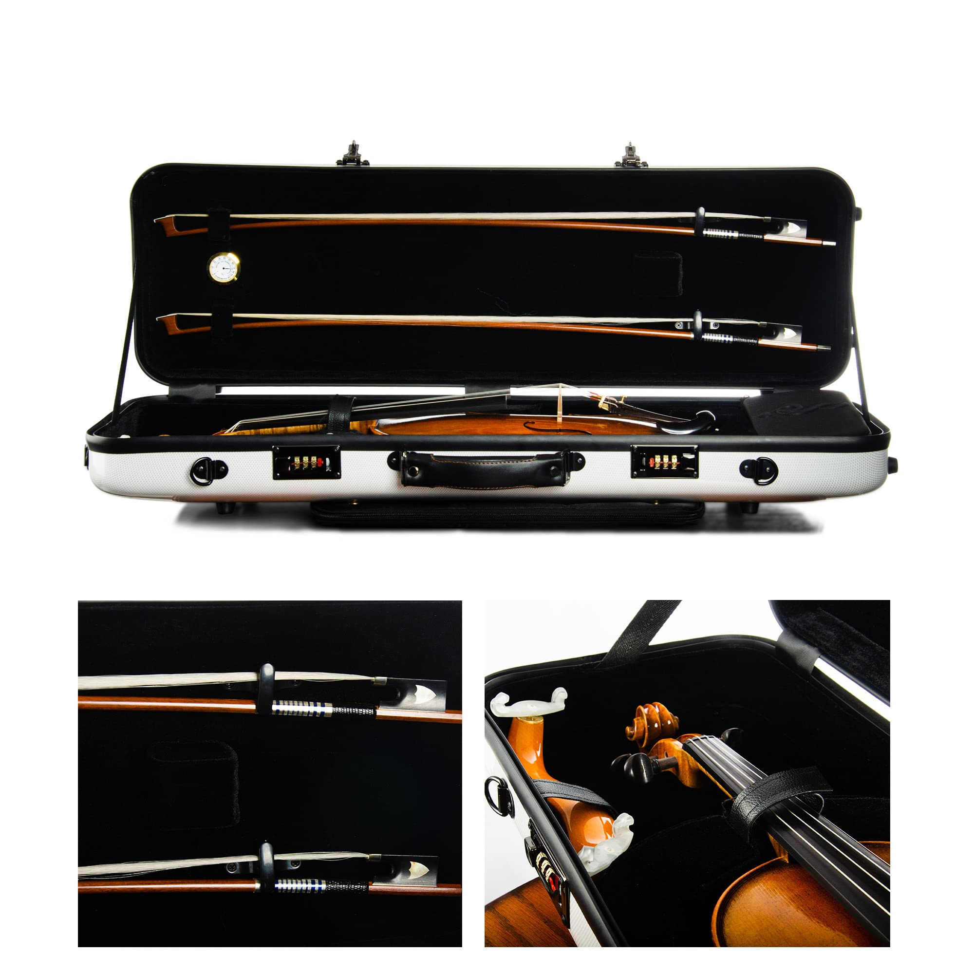 Christina 4/4 Full Size Violin case High-Strength Carbon Fiber Rectangular Violin Music Bag With Combination Lock and Extra Bag White Violin Hard Case (VB-Square-White Stripe spot)