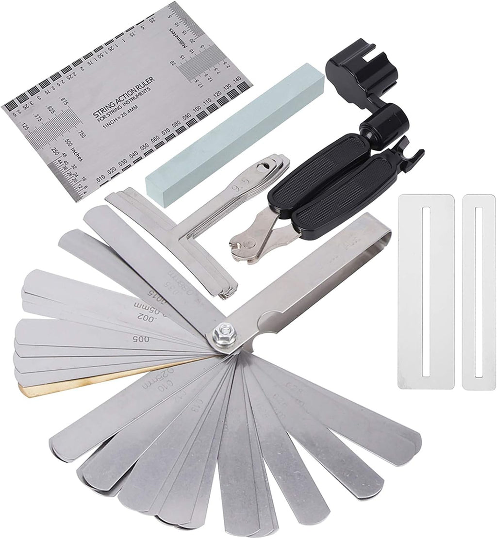 Guitar Tool Set, Wireless Guitar Accessories Kit with Sander Radius Gauge String Action Ruler Fingerboard Guards for Electric Guitar Bass Banjo Mandolin Repair and Setup
