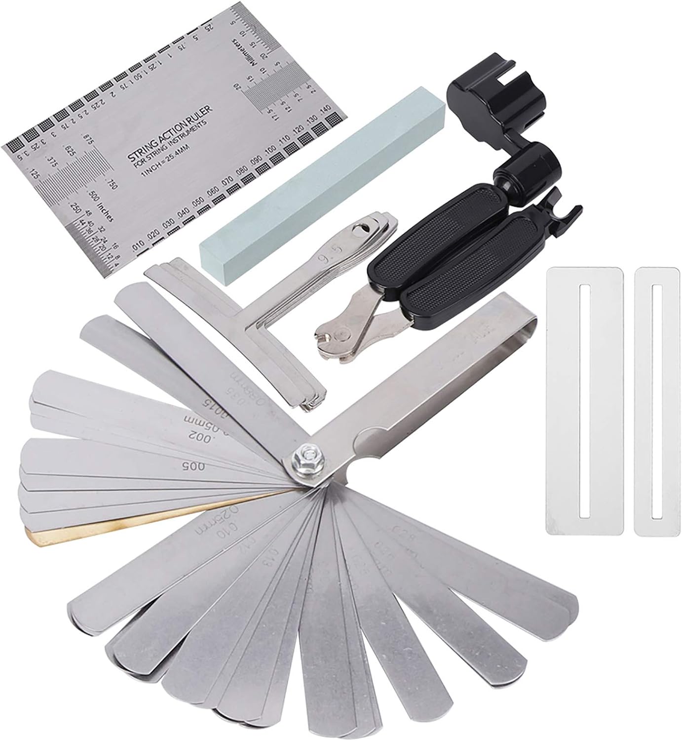 Guitar Tool Set, Wireless Guitar Accessories Kit with Sander Radius Gauge String Action Ruler Fingerboard Guards for Electric Guitar Bass Banjo Mandolin Repair and Setup