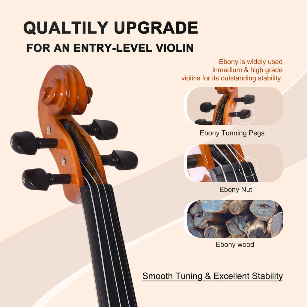 ADM Acoustic Violin for Beginner 4/4 Full Size Violin Set Solid Wood Ebony for Adult Teen Student Starter Kit with Hard Case, Shoulder Rest, Bow, Music Stand, Strings, Free Lessons (Sepia, 4/4 Size)