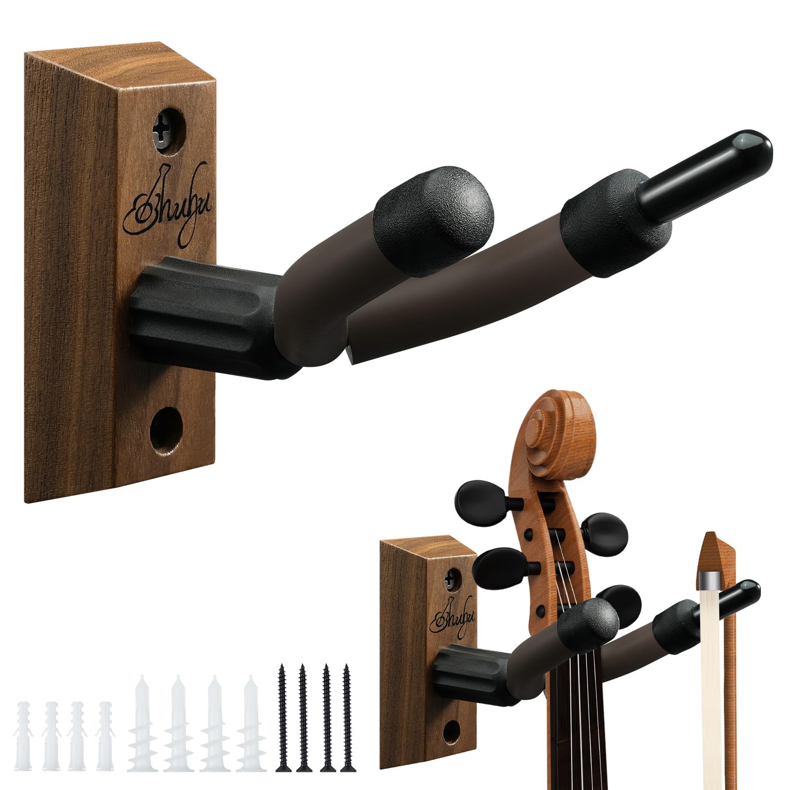 Ohuhu Violin Wall Mount Hanger, Hardwood Violin Viola Hanger with Bow Holder and Soft Padding for Home Studio Decor