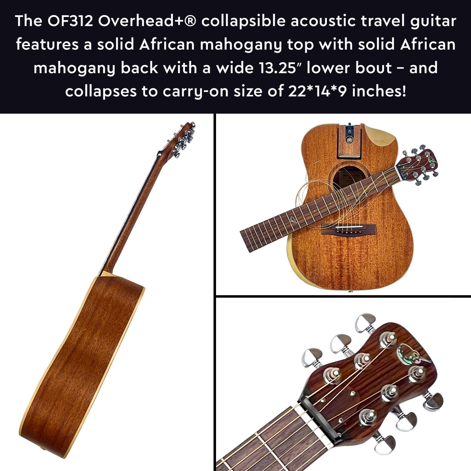 Journey Instruments Solid Sitka Acoustic Collapsible Travel Guitar PJ410N | Traveling Acoustic Guitar with Collapsible Patented System, Portable Backpack Case (African Mahogany)