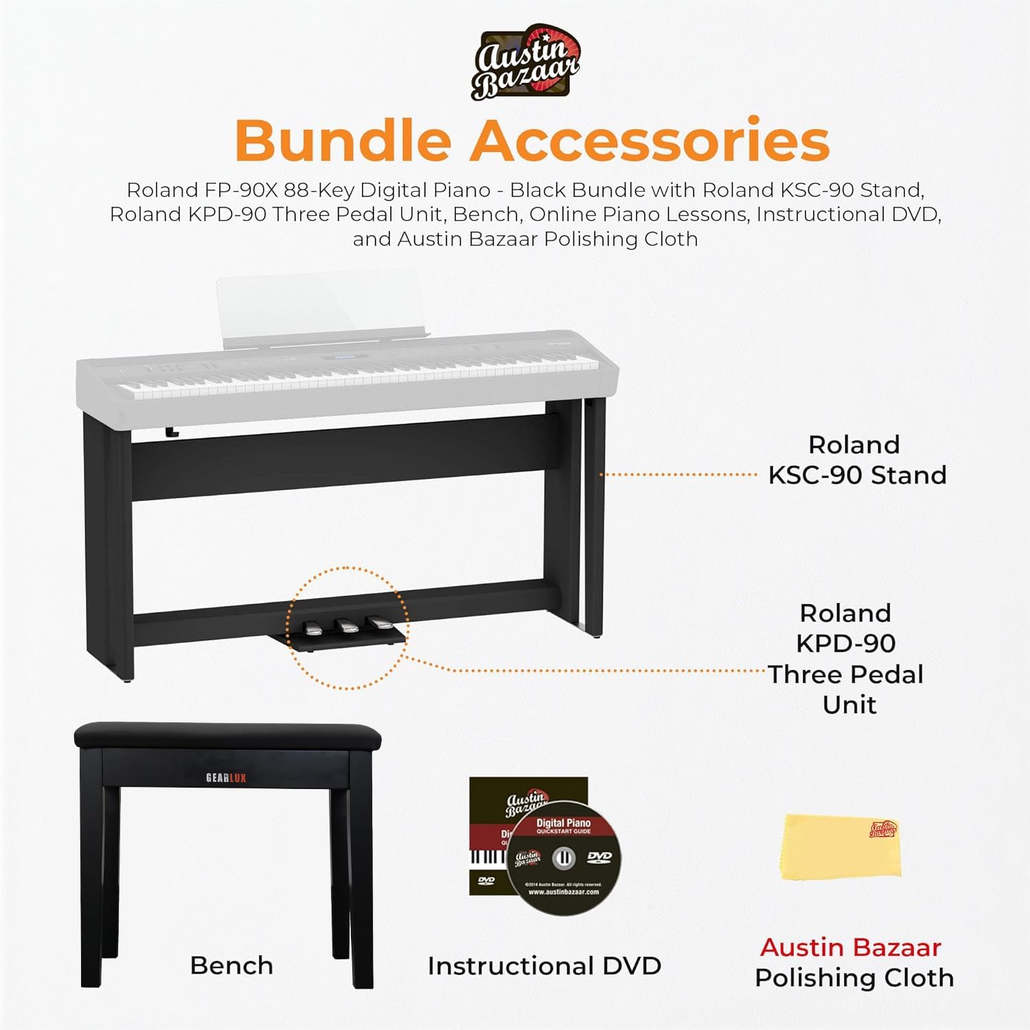 Roland FP-90X 88-Key Digital Piano - White Bundle with KSC-90 Stand, Three Pedal Unit, Bench, Online Lessons, Instructional DVD, and Austin Bazaar Polishing Cloth
