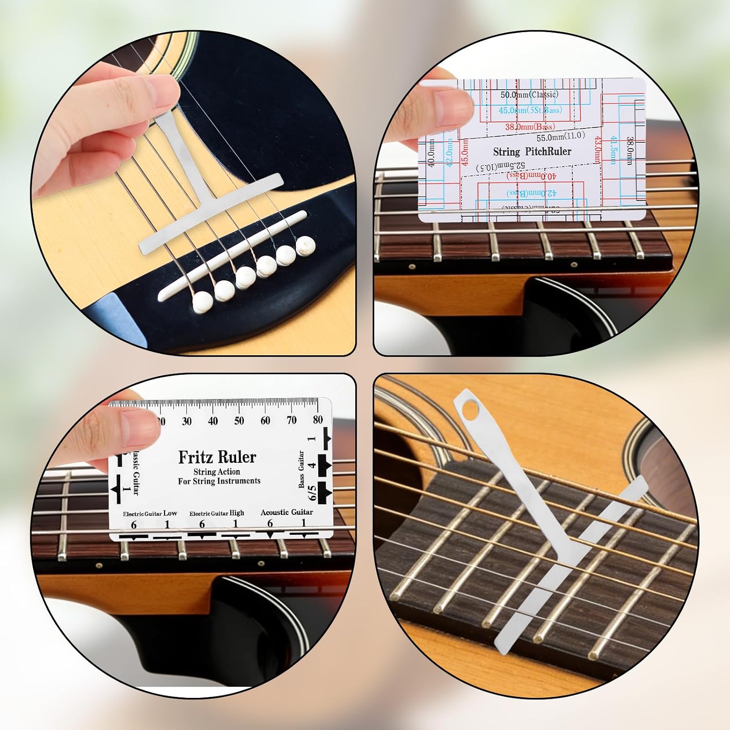 11pcs Guitar Luthier Tools Set, Include 9 Guitar Understring Radius Gauge 1 String Action Gauge Ruler 1 Bridge Saddle Nut Files for Bass Setup Repair Tool Kit