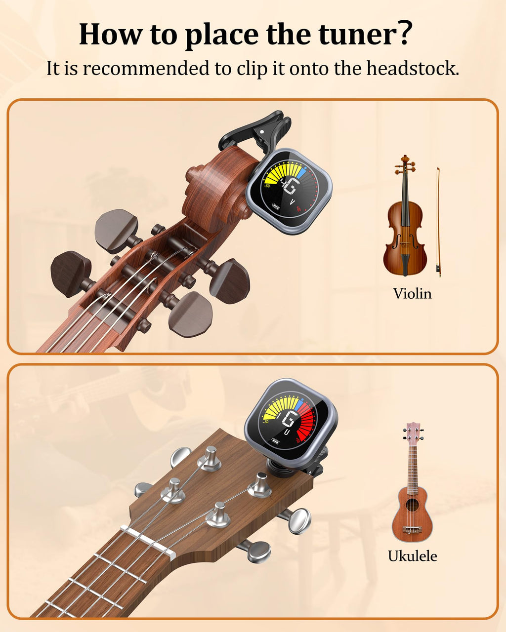 New Bee Guitar Tuner Clip-On Rechargeable with Color Screen 360° Rotatable Acoustic Chromatic Open Tuning for Guitar, Bass, Ukulele, Violin, Cello(Black, 1 Pack)
