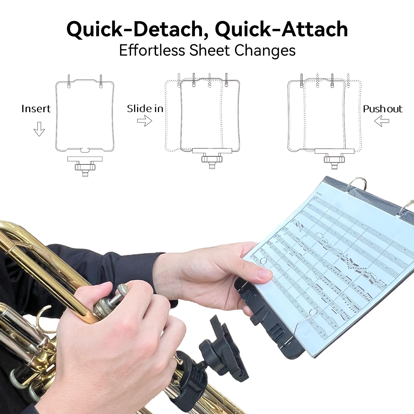Trumpet Lyre TC10, Adjustable Marching Band Lyre for Trumpet with Flip Folder, Includes 10 Refill Sleeves