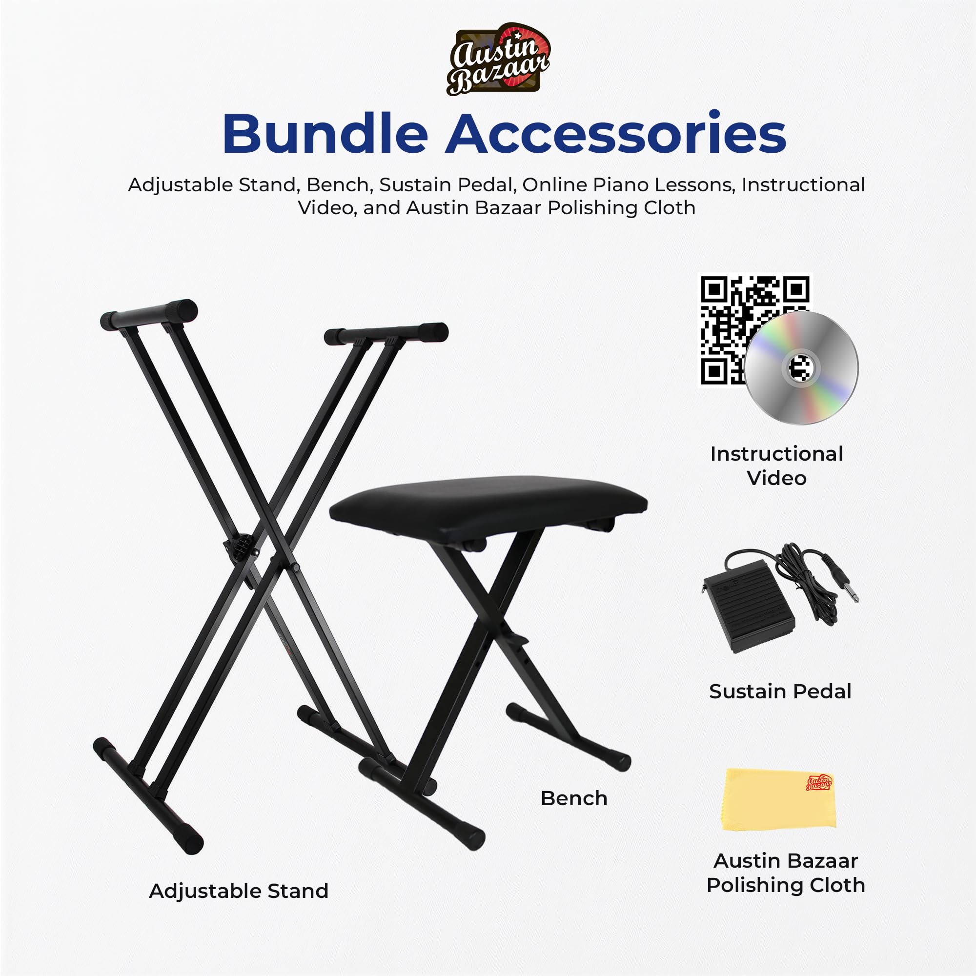 Roland FP-90X 88-Key Digital Piano - White Bundle with KSC-90 Stand, Three Pedal Unit, Bench, Online Lessons, Instructional DVD, and Austin Bazaar Polishing Cloth