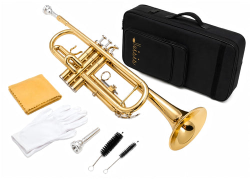 Bb Trumpet for Beginner/Advanced Student, Brass Instrument with 7C Mouthpiece, Hard Case, Polishing Cloth, Gloves, Cleaning Kit (2 Short + 1 Long Brush), Golden for Kids & Adults