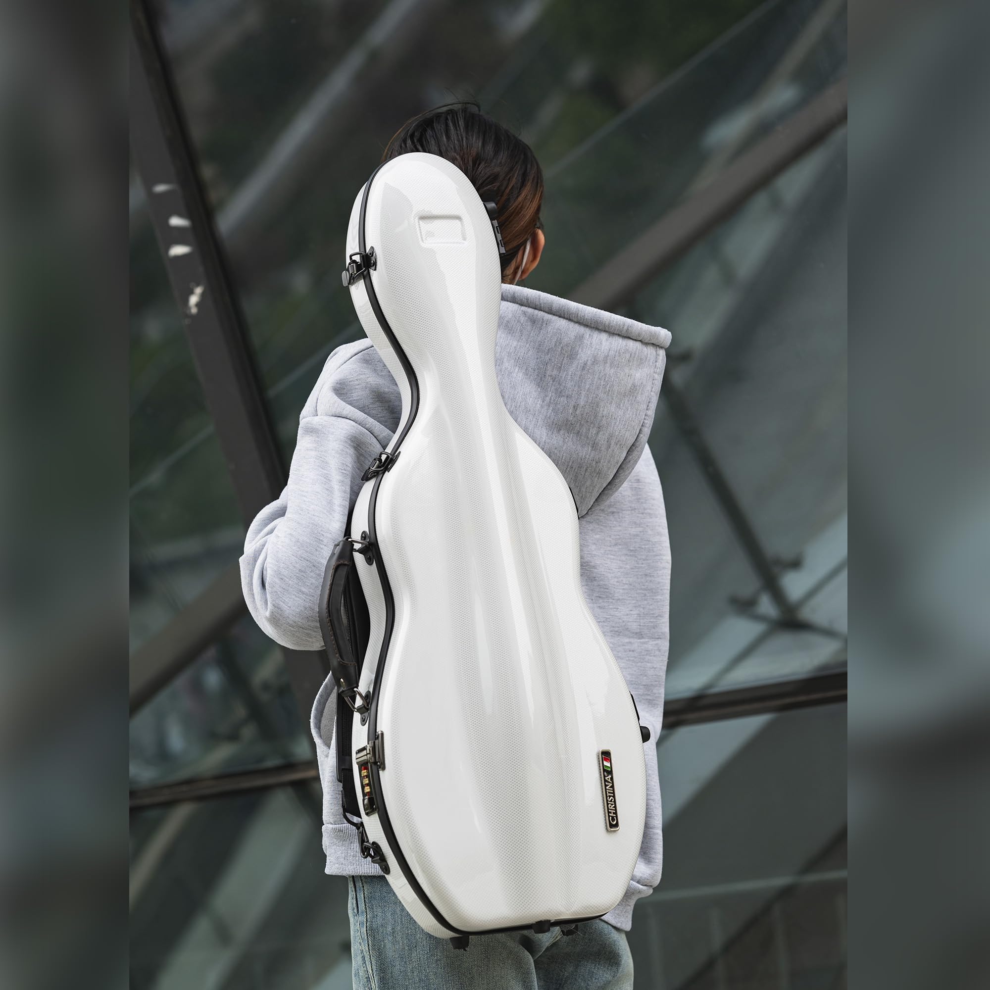 Christina violin case 4/4 Full Size Violin case High-Strength Carbon Fiber Pear-Shaped Violin Music Bag With Combination Lock and Extra Bag Gray Violin Hard Case (VB-Random type-SilveryGray spot)