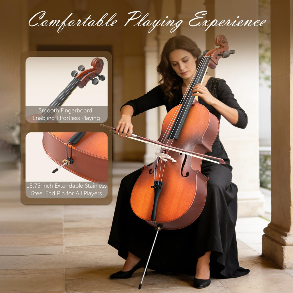 Cello 4/4 Kit, Full Size Cello for Adults, Students, Beginners, Complete Acoustic Cello Instrument Set with Portable Bag, Bow, Rosin, Black