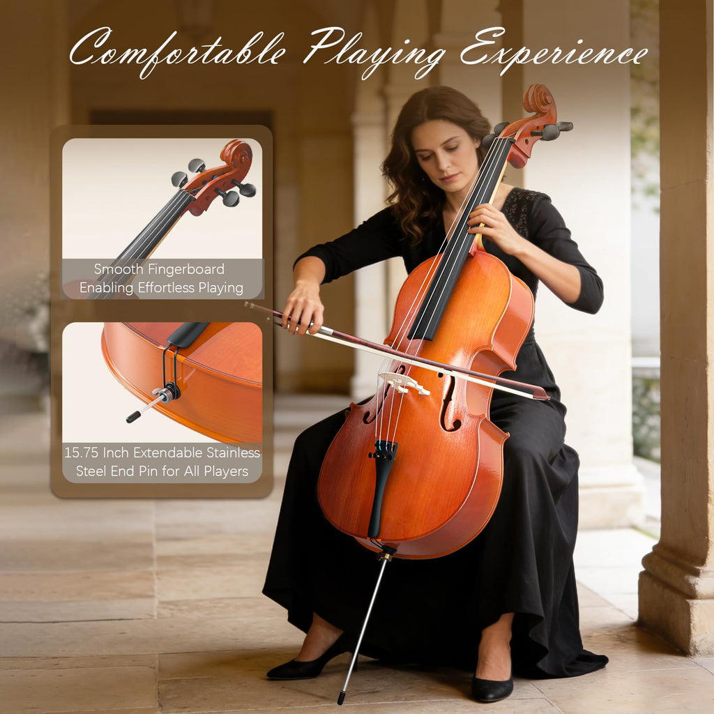 Cello 4/4 Kit, Full Size Cello for Adults, Students, Beginners, Complete Acoustic Cello Instrument Set with Portable Bag, Bow, Rosin, Black
