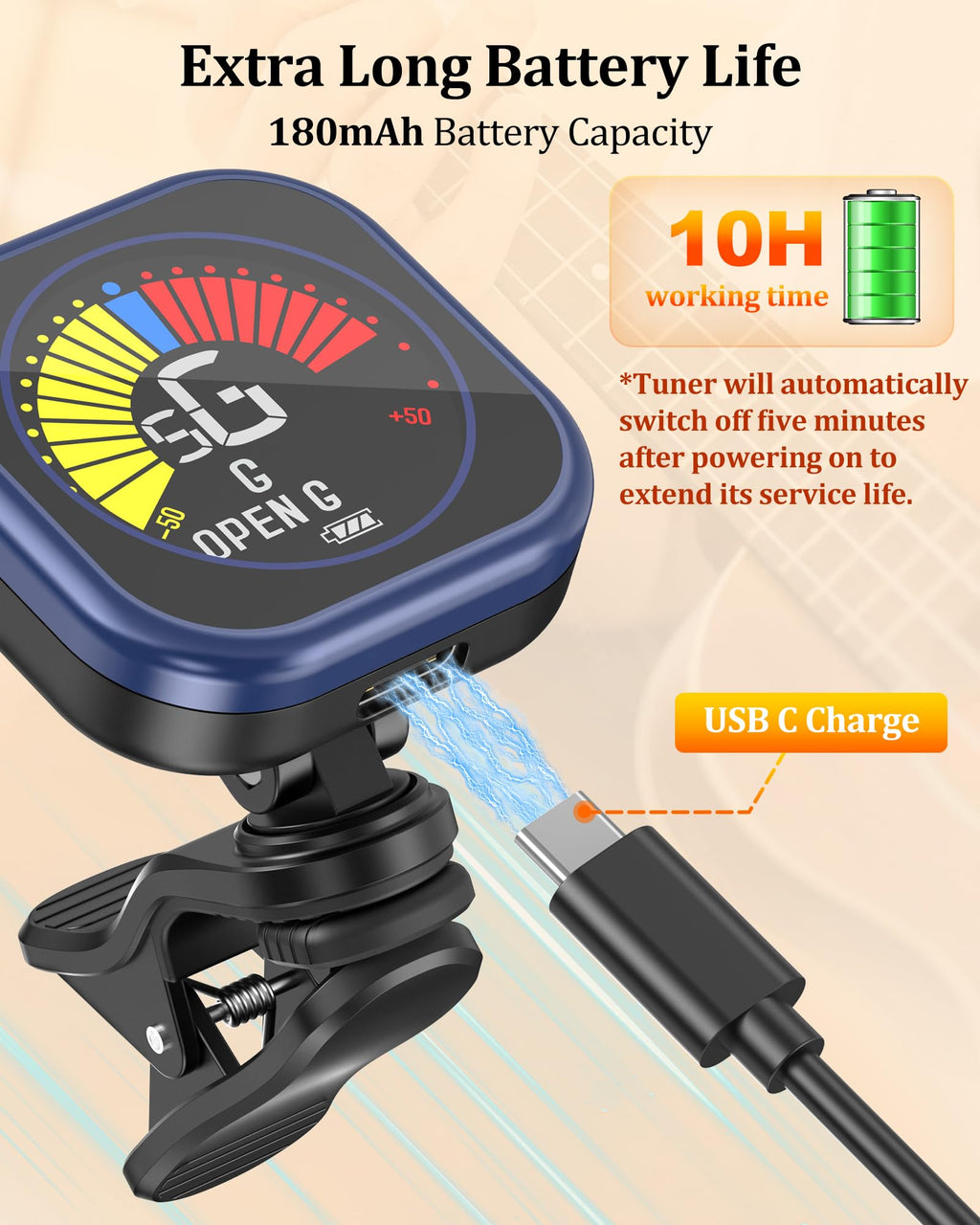 New Bee Guitar Tuner Clip-On Rechargeable with Color Screen 360° Rotatable Acoustic Chromatic Open Tuning for Guitar, Bass, Ukulele, Violin, Cello(Black, 1 Pack)