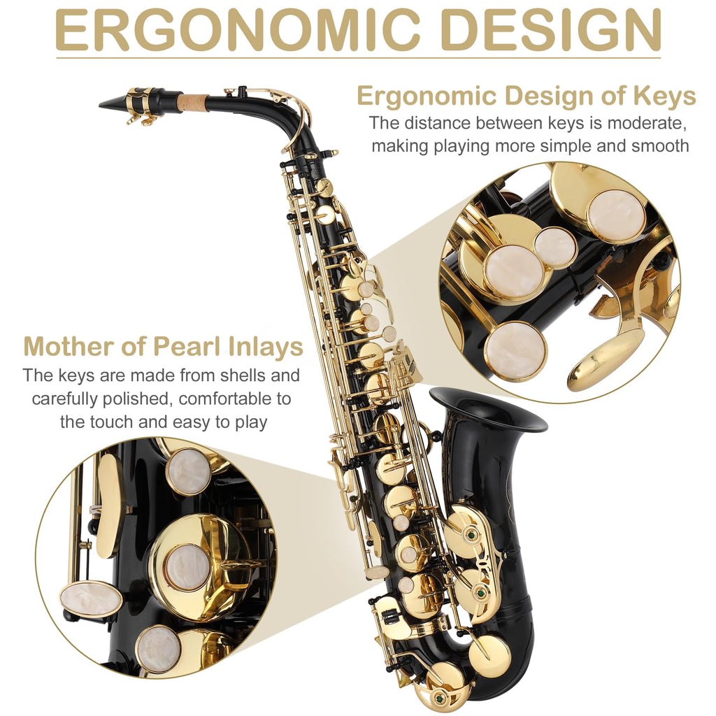 Ktaxon Alto Saxophone Drop E Brass Sax Full Kit for Student Beginners with Carving, Mouthpiece, Carrying Case, Gloves, Cleaning Cloth Bar, Detachable Strap, Shoulder Strap, Reed