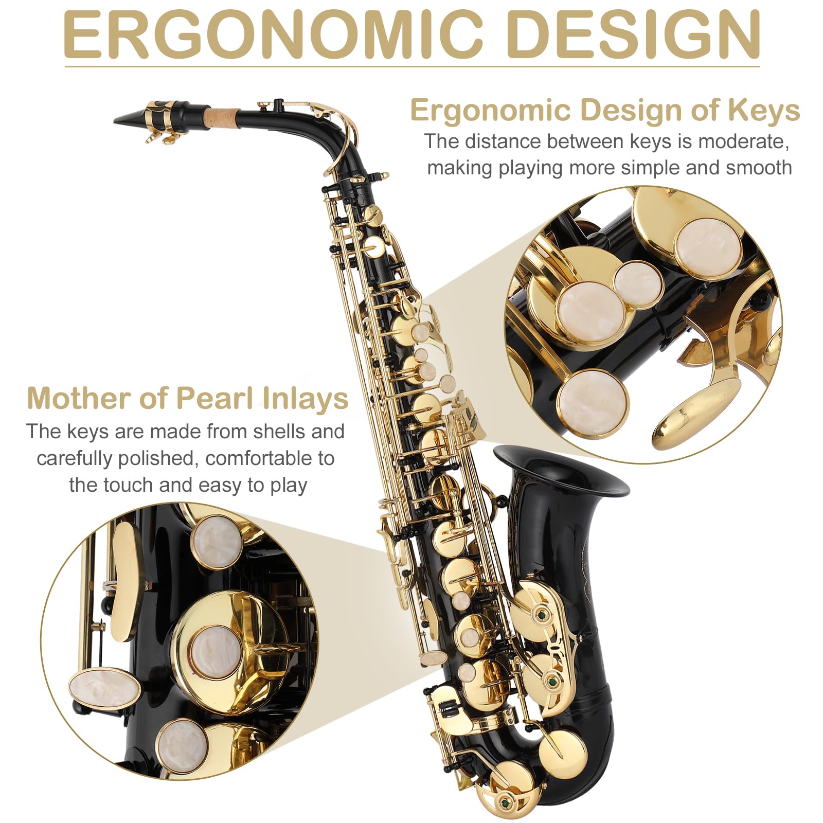 E Flat Alto Saxophone, Brass Alto Saxophones Instrument with Carry Case, Mouthpiece, Cleaning Brush & Cloth, Strap Accessories For Beginner Professional