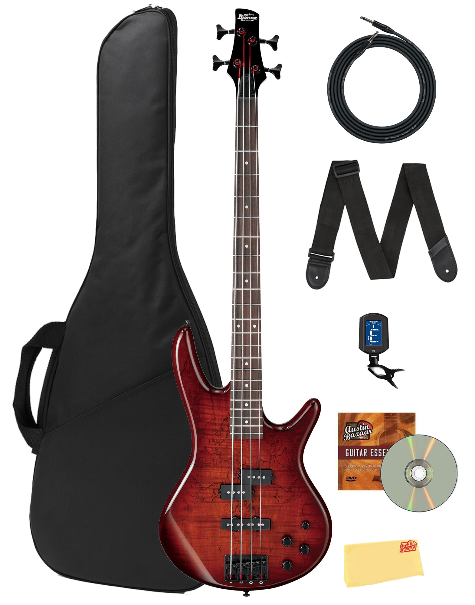 Ibanez GSR205B SR Gio 5-String Bass Guitar - Walnut Flat Bundle with Gig Bag, Tuner, Strap, Cable, Austin Bazaar Instructional DVD, and Polishing Cloth