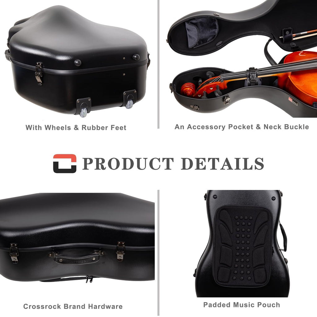 Crossrock Poly Carbon Cello Case for 4/4 Full Size | Red Matte Finish, Black Velvet Interior, Wheels, Music Pouch – Lightweight Protection Series