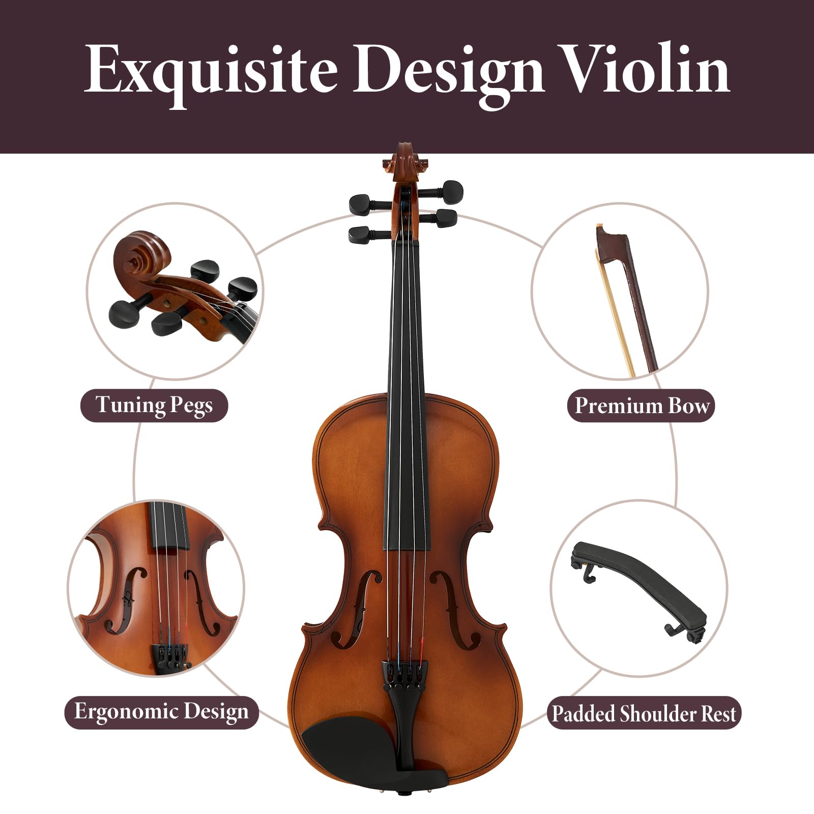4/4 Full Size Beginner Violin, Acoustic Fiddle Set for Adults, Teens, and Students (Age 12+), with Case, Bow, Bridge, and Rosin (Pink)