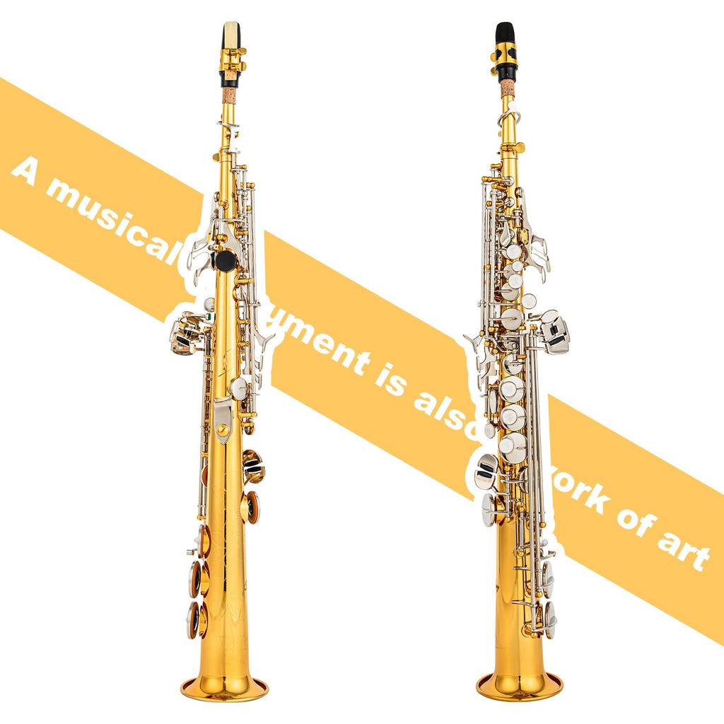 Bb Soprano Saxophone Straight Gold Laquer Sax Instruments for Beginners Students Intermediate Players with Carrying Case,White Gloves.Cleaning kit.neck Strap.Mouthpiece (Gold body nickel bond)