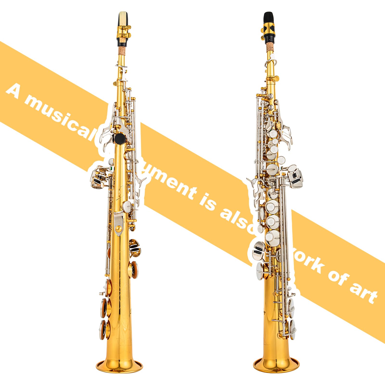 Bb Soprano Saxophone Straight Gold Laquer Sax Instruments for Beginners Students Intermediate Players with Carrying Case,White Gloves.Cleaning kit.neck Strap.Mouthpiece (Gold body nickel bond)
