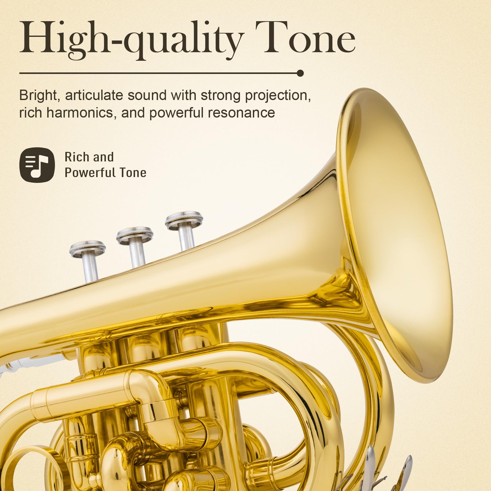 SONICAKE Pocket Trumpet Bb Flat - Gold Lacquer Brass Mini Trumpet Full Kit for Beginners Students with 7C Mouthpiece, Hard Case, Gloves & Cleaning Kit QPT-01 (Golden)