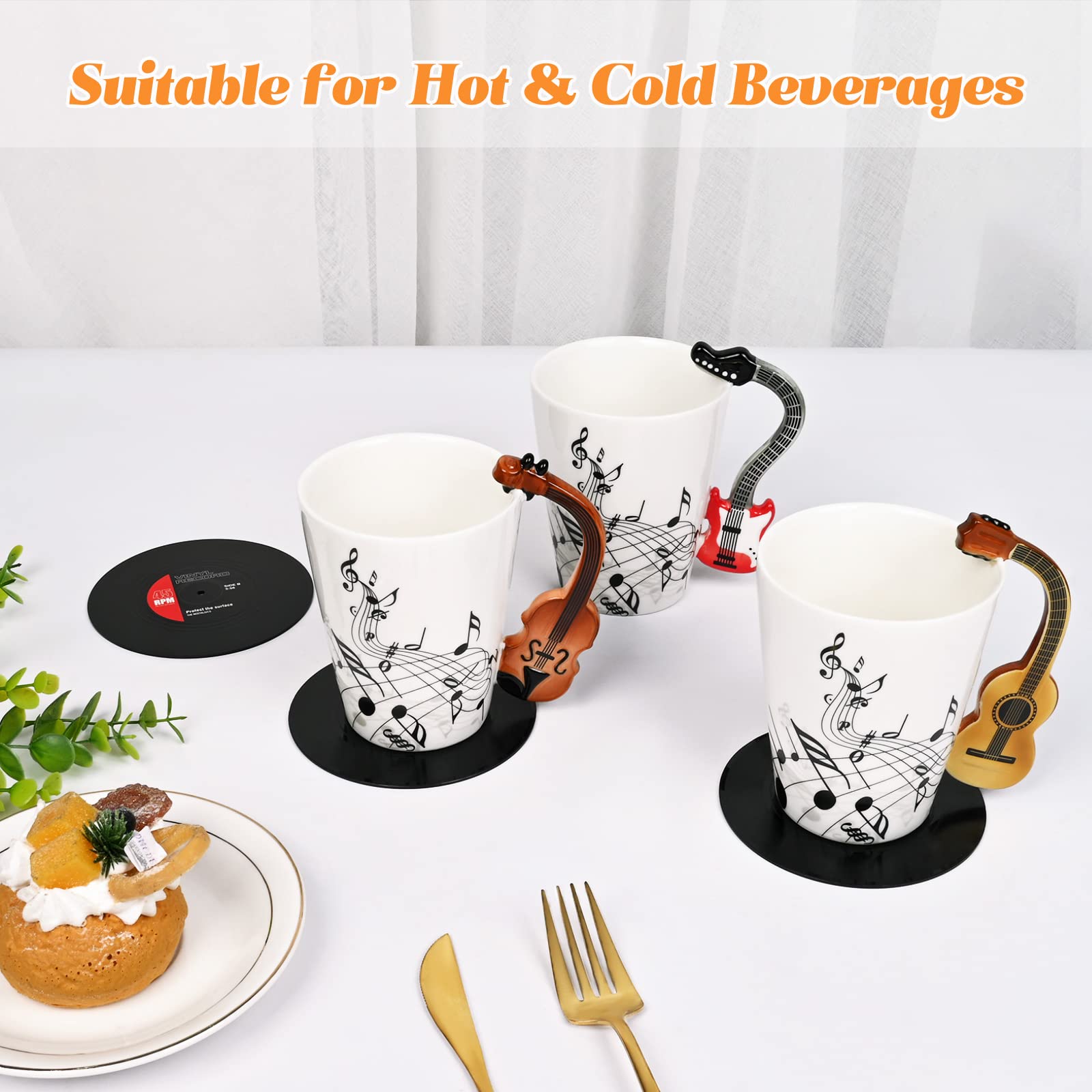 Maustic Novelty Violin Mug - 13 Oz Ceramic with Vinyl Record Coaster, Perfect for Music Lovers, Musicians, and Violinists - Ideal for Christmas or Birthday Gifts