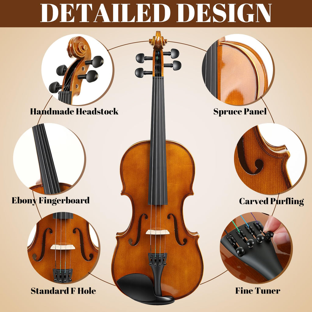 Kmise Violin 4/4 Full Set, Fingerboard Fret Markings Violins, Matte Acoustic Fiddle for Adults, Beginners, Students with Violin Case, Rosin, Strings, Bow, Shoulder Rest, Beginner's Guide (Matte, 4/4)