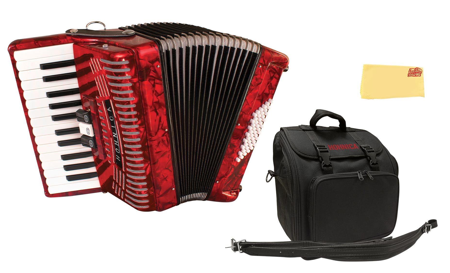 Hohner Hohnica 1305 72 Bass Piano Accordion - Pearl Red Bundle with Gig Bag, Straps, and Austin Bazaar Polishing Cloth