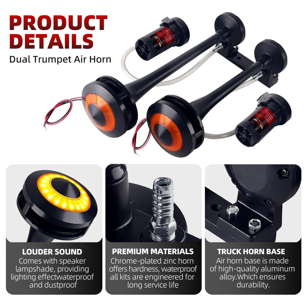 Dual 2-Trumpet Metal Air Horn for truck Kit with 2 air Compressors,12V 150dB Ultra Loud impact train car horn moto horn is suitable for pickup/SUV/Boat (Two-tube integrated)