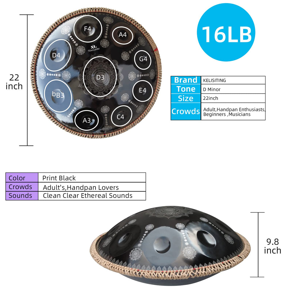 Handpan Drum 22 Inches D Minor Kurd, 432Hz 10 Notes Hand Drum Instrument, Premium Steel Drum, Handpan Instrument for Adults (Gold)