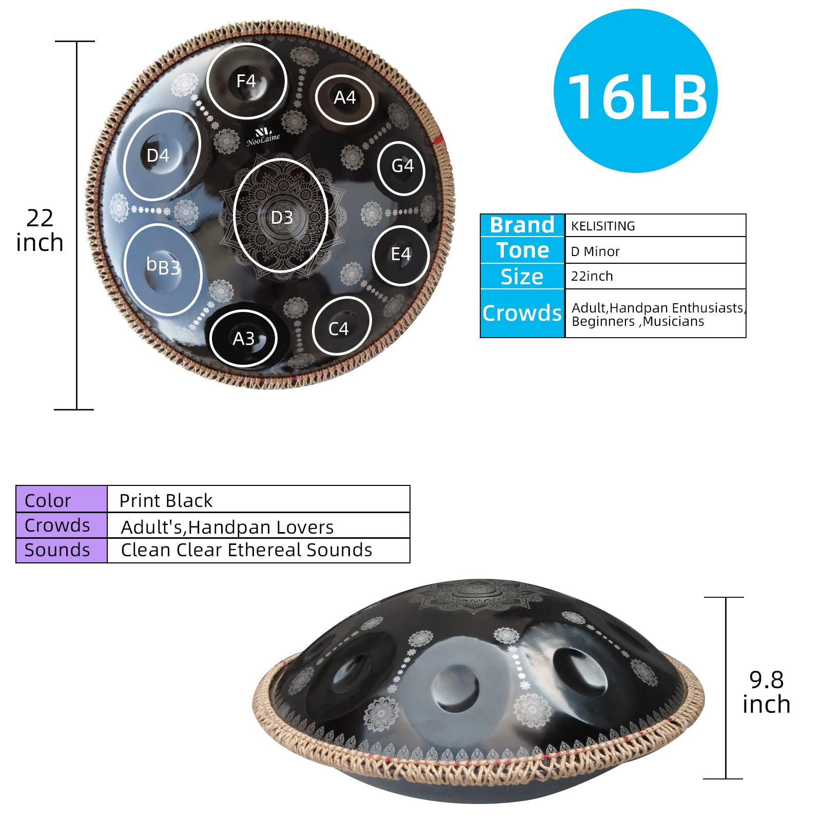Handpan Drum 22 Inches D Minor Kurd, 432Hz 10 Notes Hand Drum Instrument, Premium Steel Drum, Handpan Instrument for Adults (Gold)