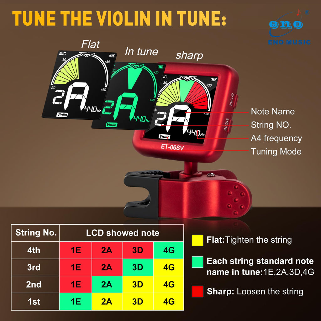 ENO MUSIC Rechargeable Type-C Quick Charge Easy Control Big LCD Display Easy Reading Clip-on Tuner for 4/4 Violin Viola Bass, Red