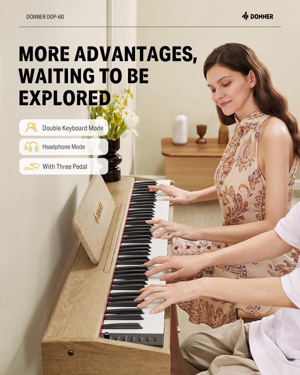 Donner OURA S100 Digital Piano with 88 Key Graded Hammer Weighted Keyboard for Beginner, Full Size Electric Piano Keyboard with Bluetooth, 3 Original Demos, LOCAL OFF, 2×10 W, Piano Three Pedal,White