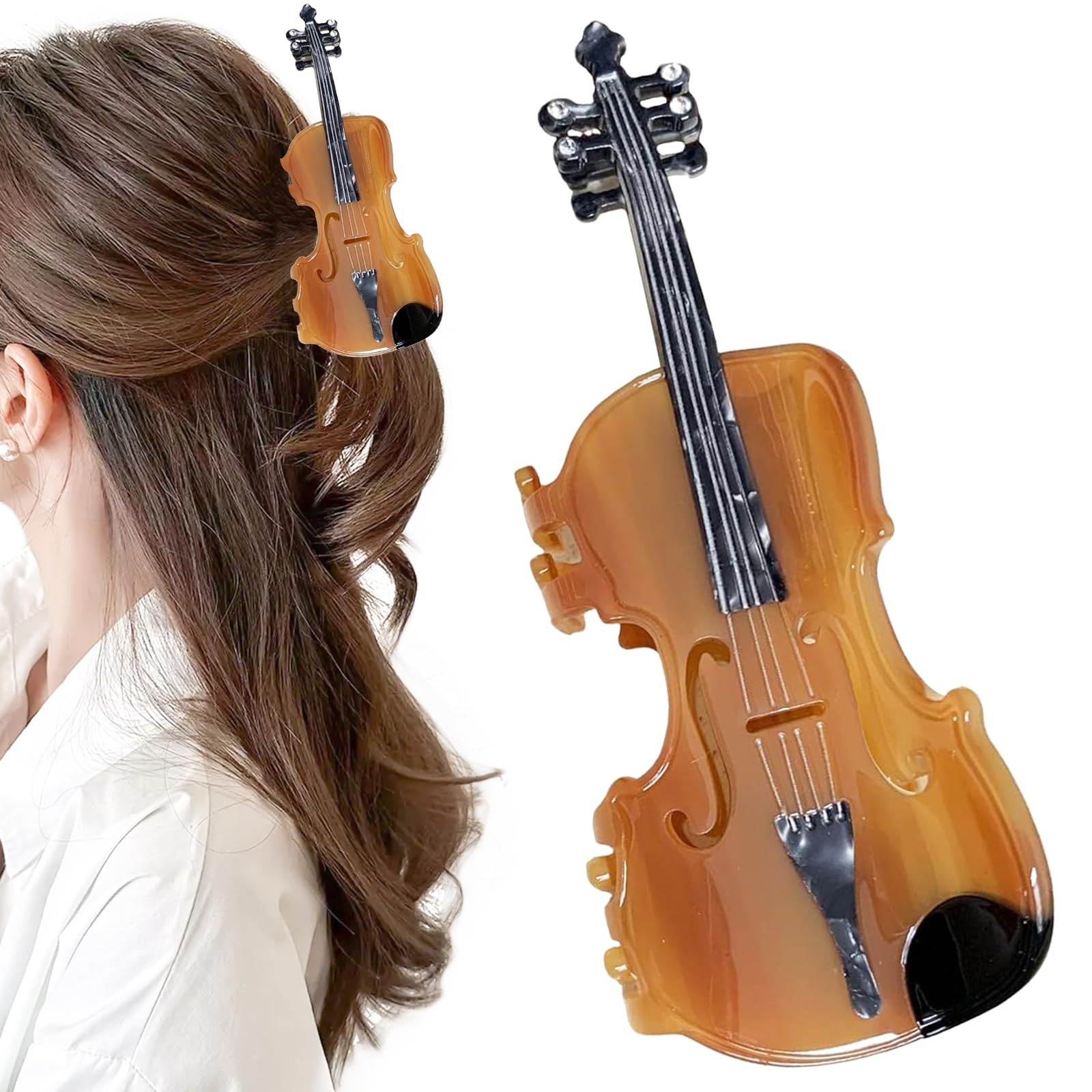 Decorative Violin Hair Clip,Novelty Acetate Claw Clips,Music Instrument Hair Clips for Women(Tortoiseshell Brown)