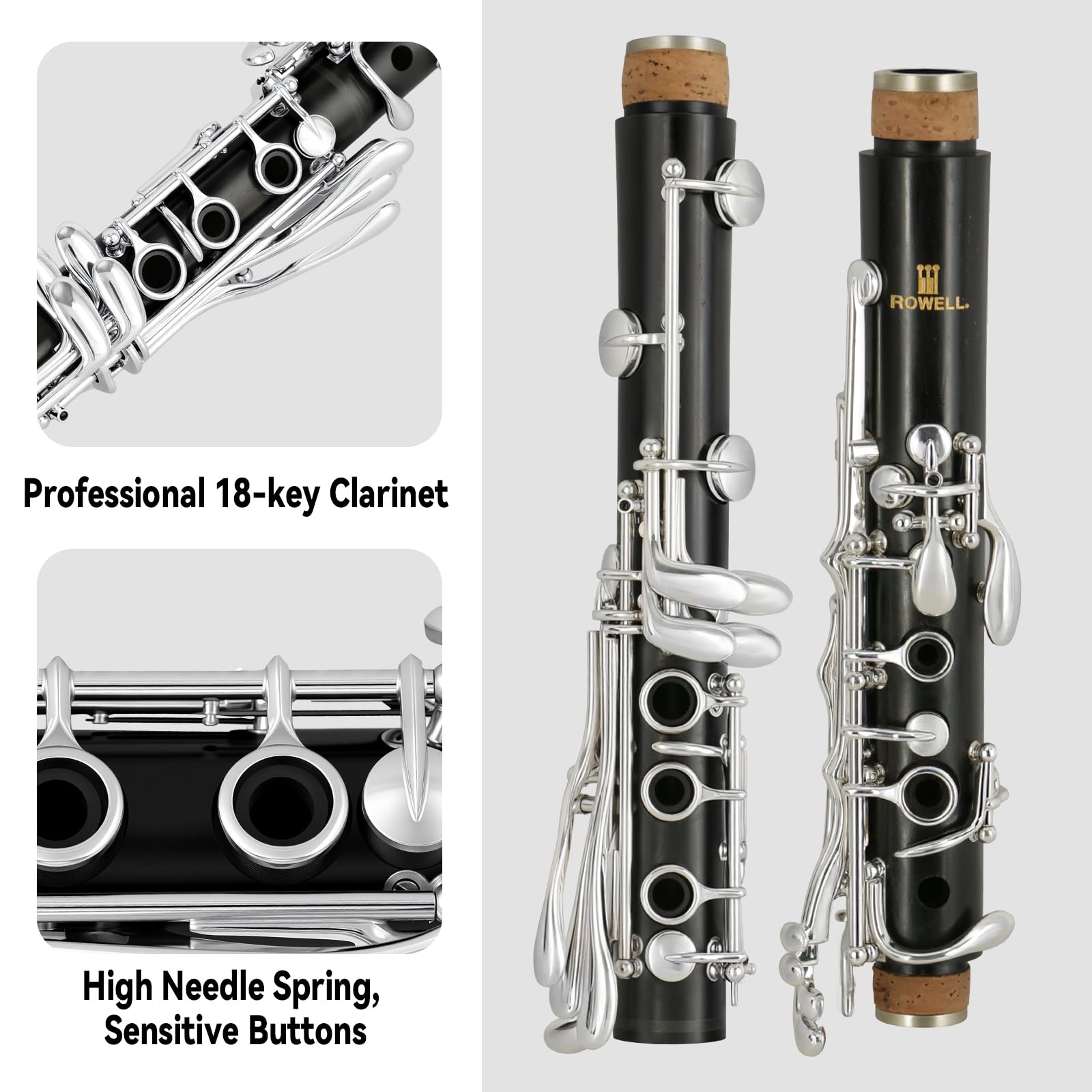 ROWELL 18 Key Bb Clarinet with Eb/Ab Lever & African Blackwood Wood Body Professional Rich Tone for Intermediate Players & Students Includes Case, Mouthpiece, Reeds